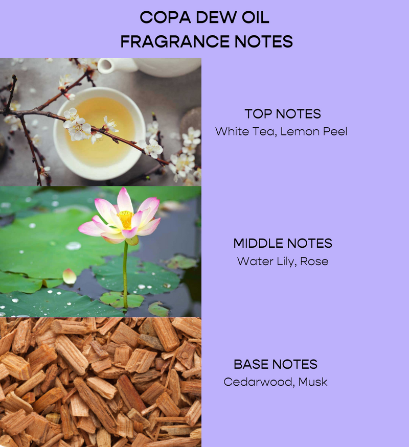 Copa Dew Oil Fragrance Notes Cedarwood, White Tea, Musk, Water Flowers, Lemon Peel